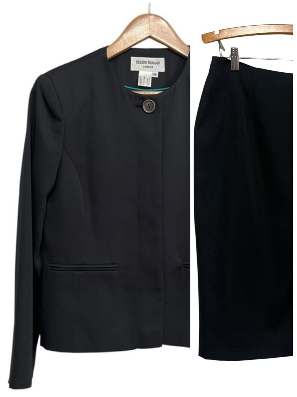 Helene Berman Black Collarless Blazer Skirt Set Medium Career Minimalist Office